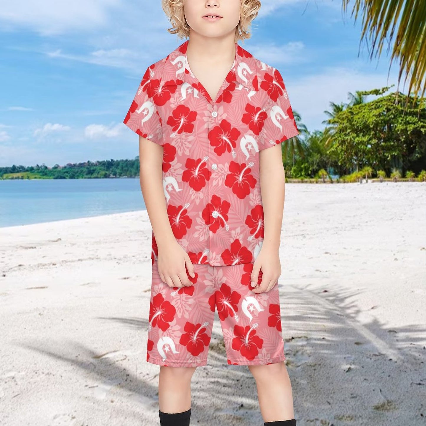Hibiscus flowers with Dhari (Royal Pink) on Youth's/Kid's Casual Beach Outfit