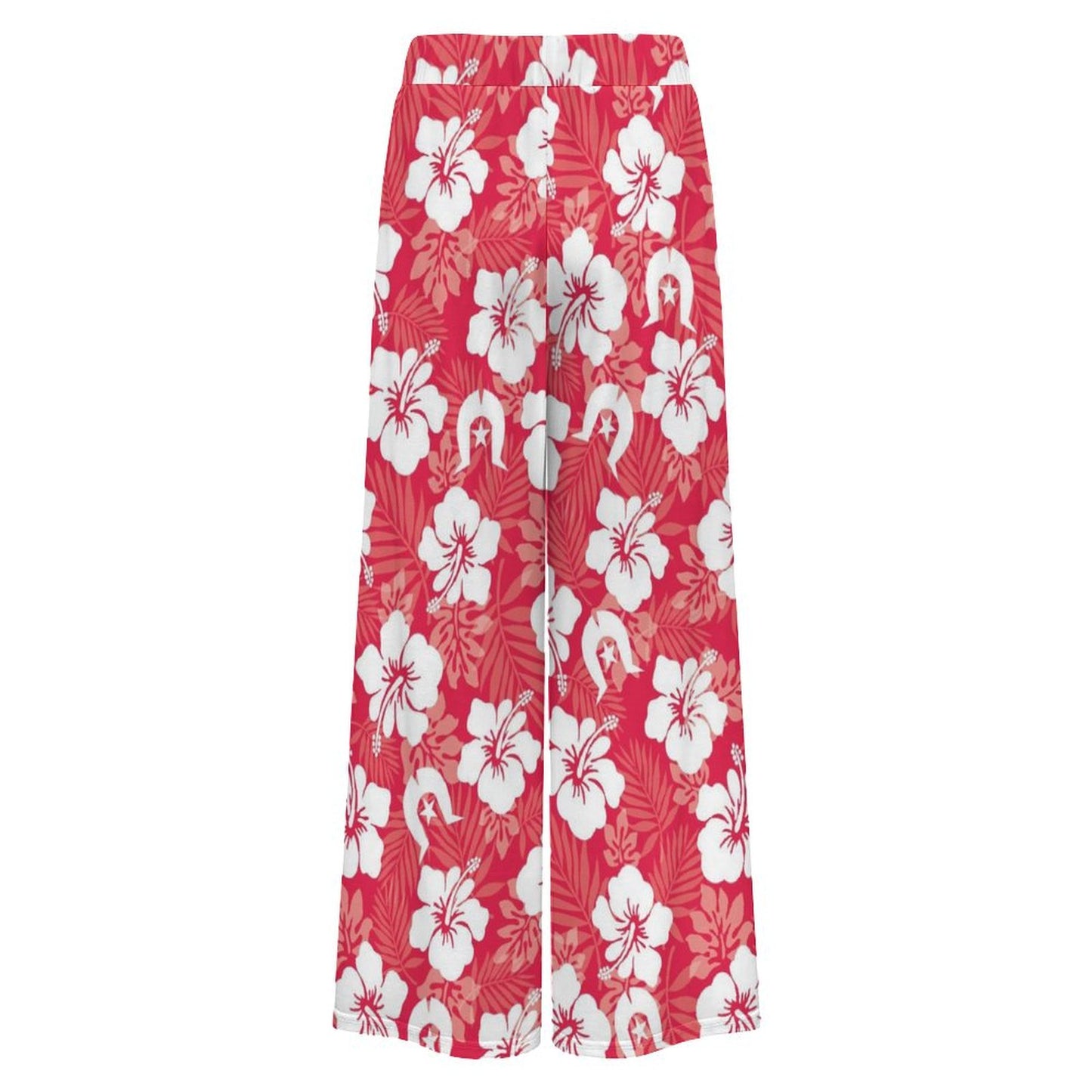 White Hibiscus flowers with Dhari (Red) on Women’s Wide-Leg Pants