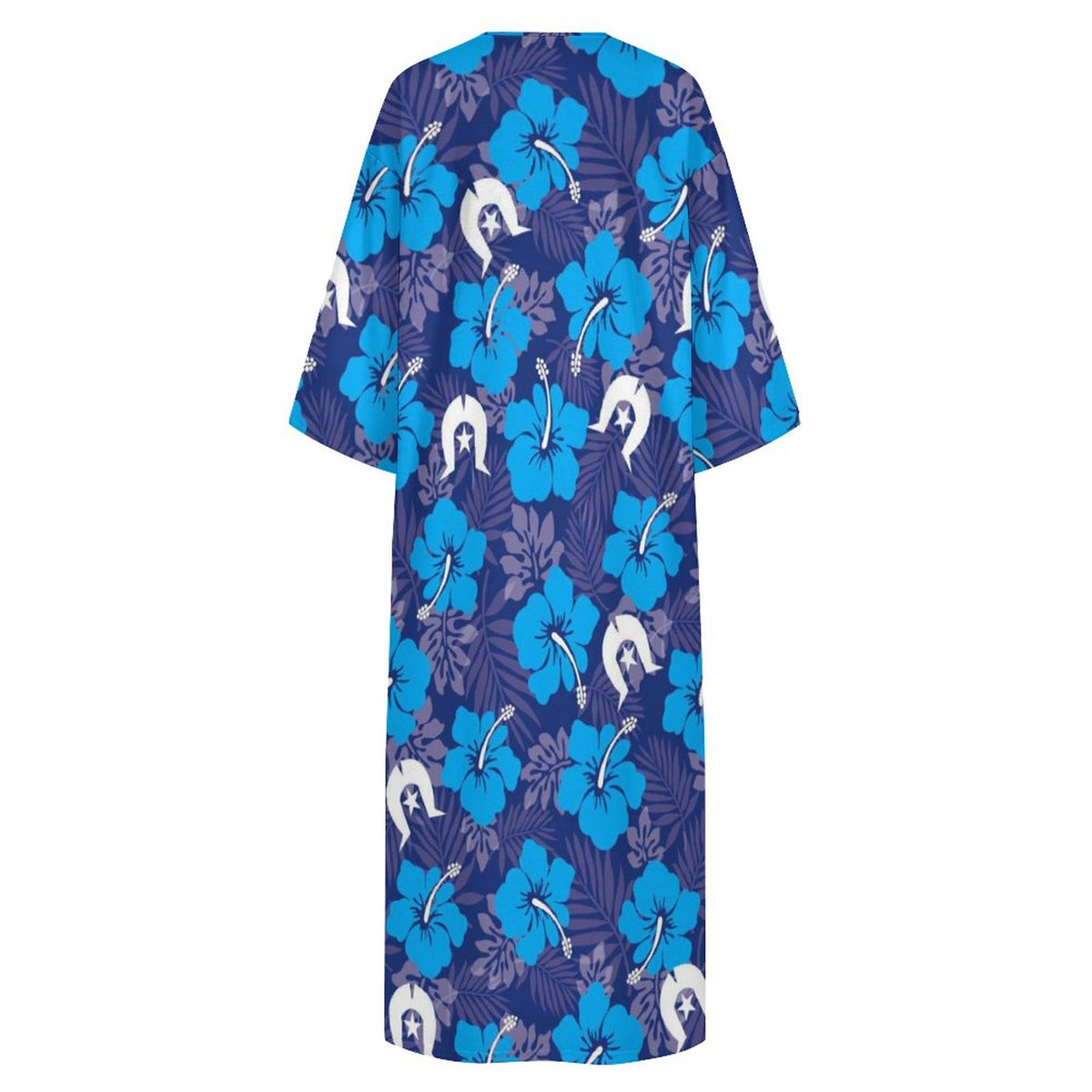 Hibiscus flowers with White Dhari (Royal blue) on Mediterranean Style V Neck Mid-Sleeve Robe