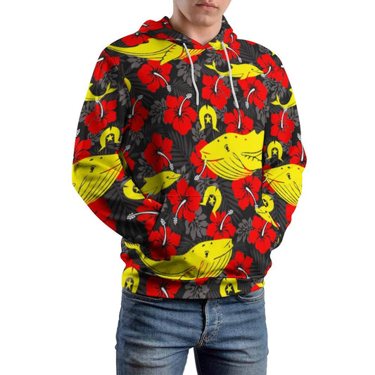 Royal Red Hibiscus with Yellow Dhari, Whale and Dolphin on Men's Cool Hoodie with Double-layer Cap