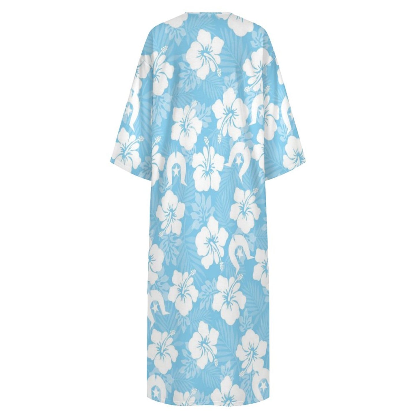 White Hibiscus and Dhari (blue) on Mediterranean Style V Neck Mid-Sleeve Robe