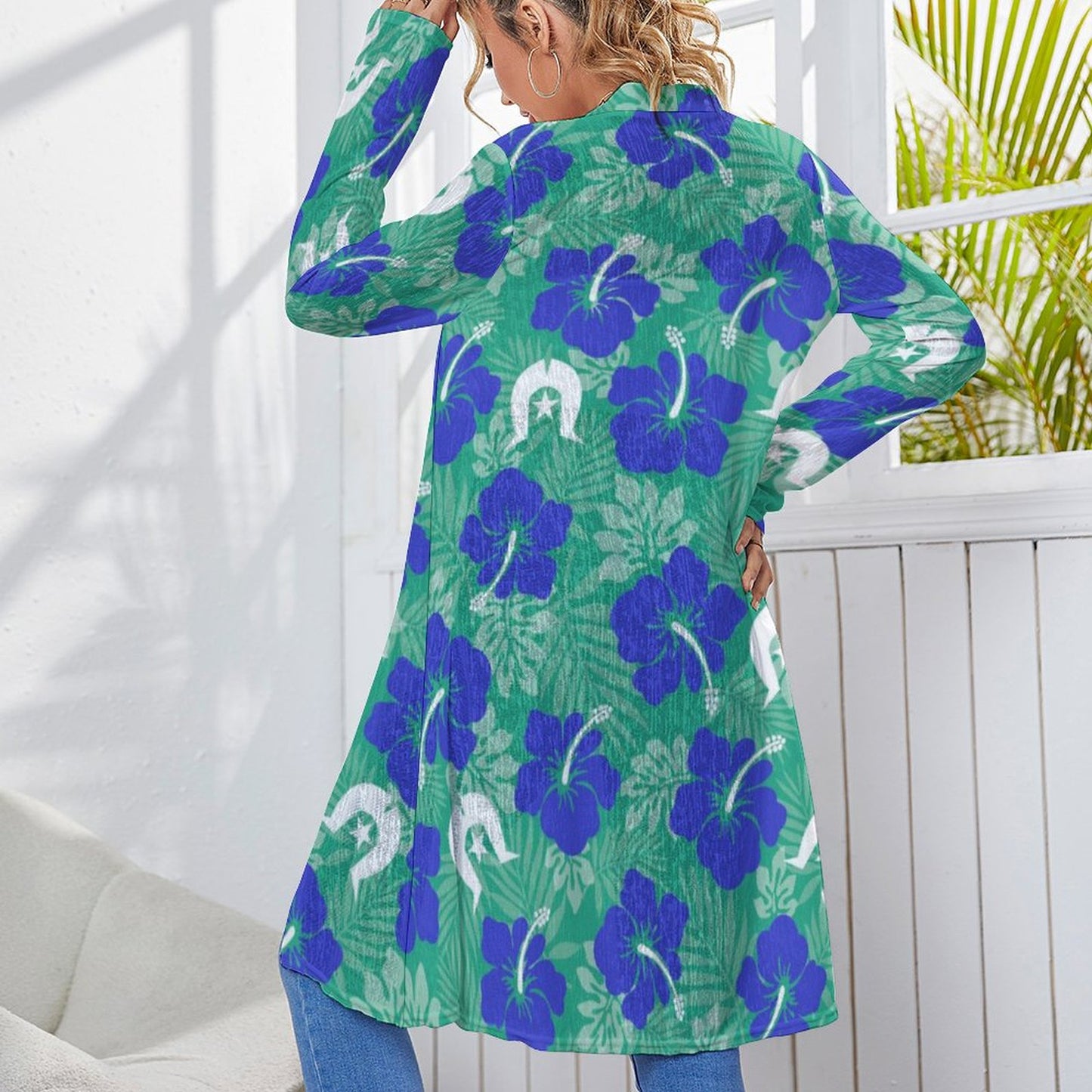Royal Blue Hibiscus flowers with Dhari on Women's Mid-length Cardigan