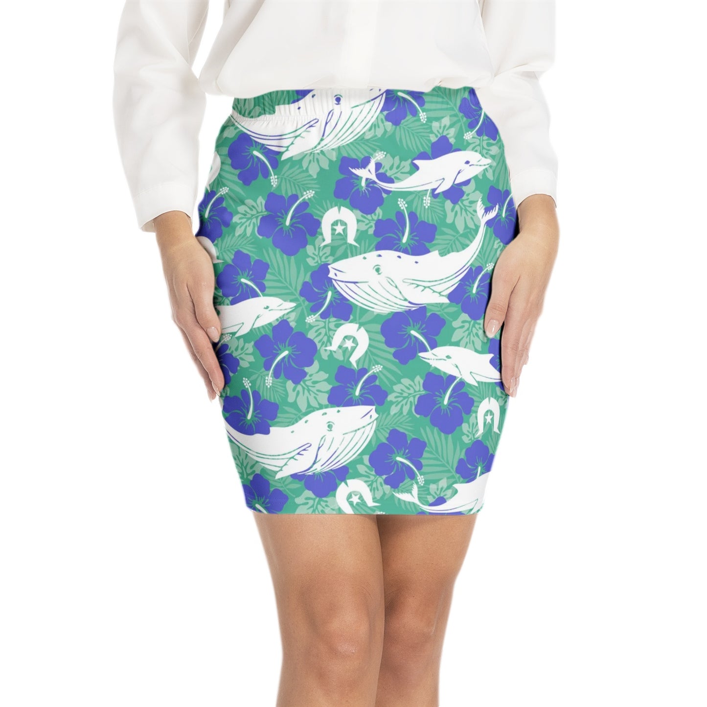 Royal Blue Hibiscus flowers with Whale, Dolphin and Dhari on Elastic Waist Bodycon Skirt