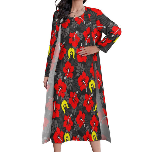 Royal Red Hibiscus with Yellow Dhari on Long Dress Set