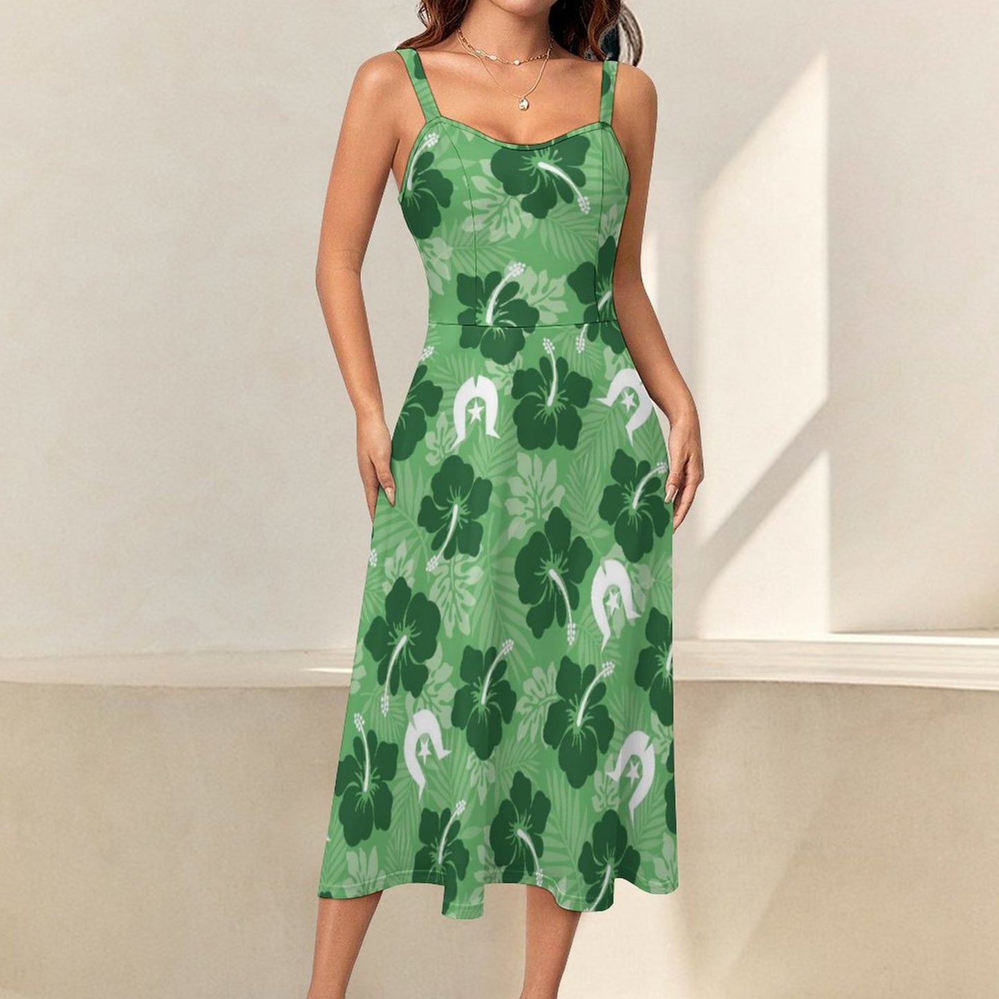 Hibiscus flowers with White Dhari (Sea Grass Green) on Midi Spaghetti Strap Dress