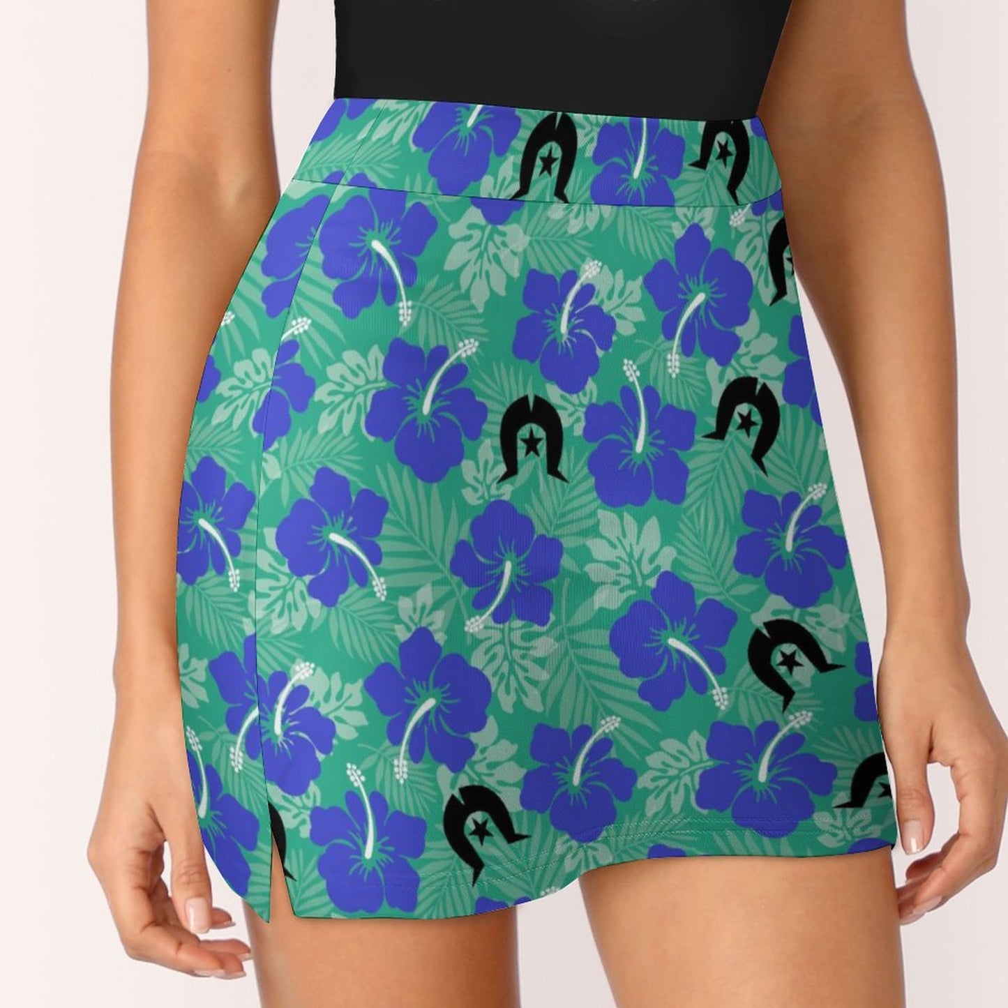 Royal Blue Hibiscus flowers with Black Dhari on Anti-peep Skort with Pocket AMQ