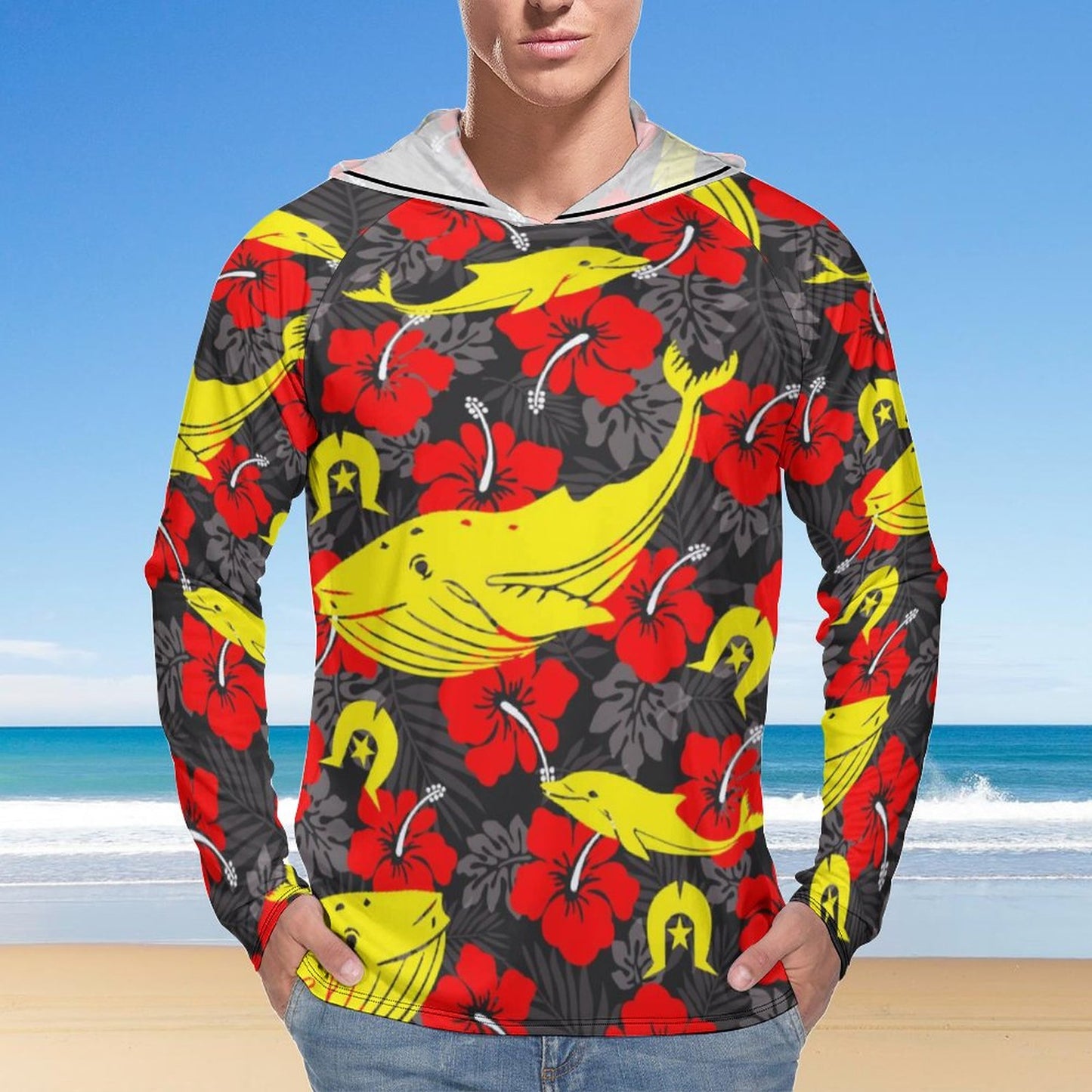 Royal Red Hibiscus with Yellow Dhari, Whale and Dolphin on Men's UPF 40+ Sun Protection Fishing Shirt