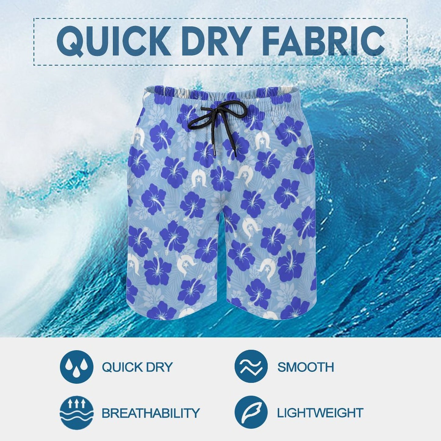 Hibiscus flowers with White Dhari (Sky blue) on Men's Board Shorts