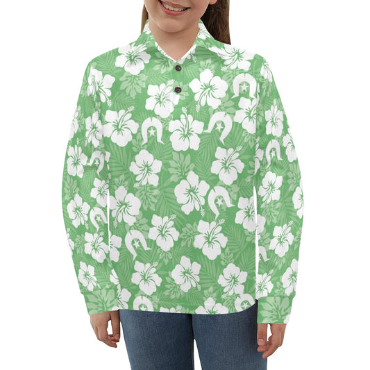White Hibiscus and Dhari (Green) on Big Girls' Long Sleeve Polo Shirt