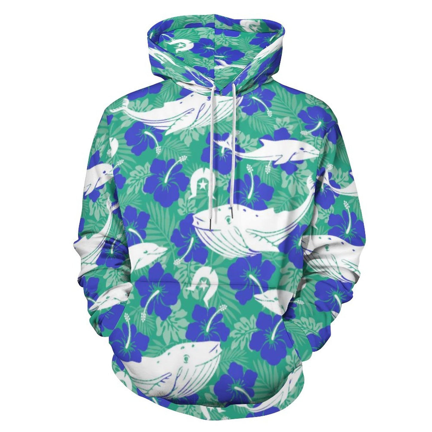 Royal Blue Hibiscus flowers with Whale, Dolphin and Dhari on Men's Cool Hoodie with Double-layer Cap