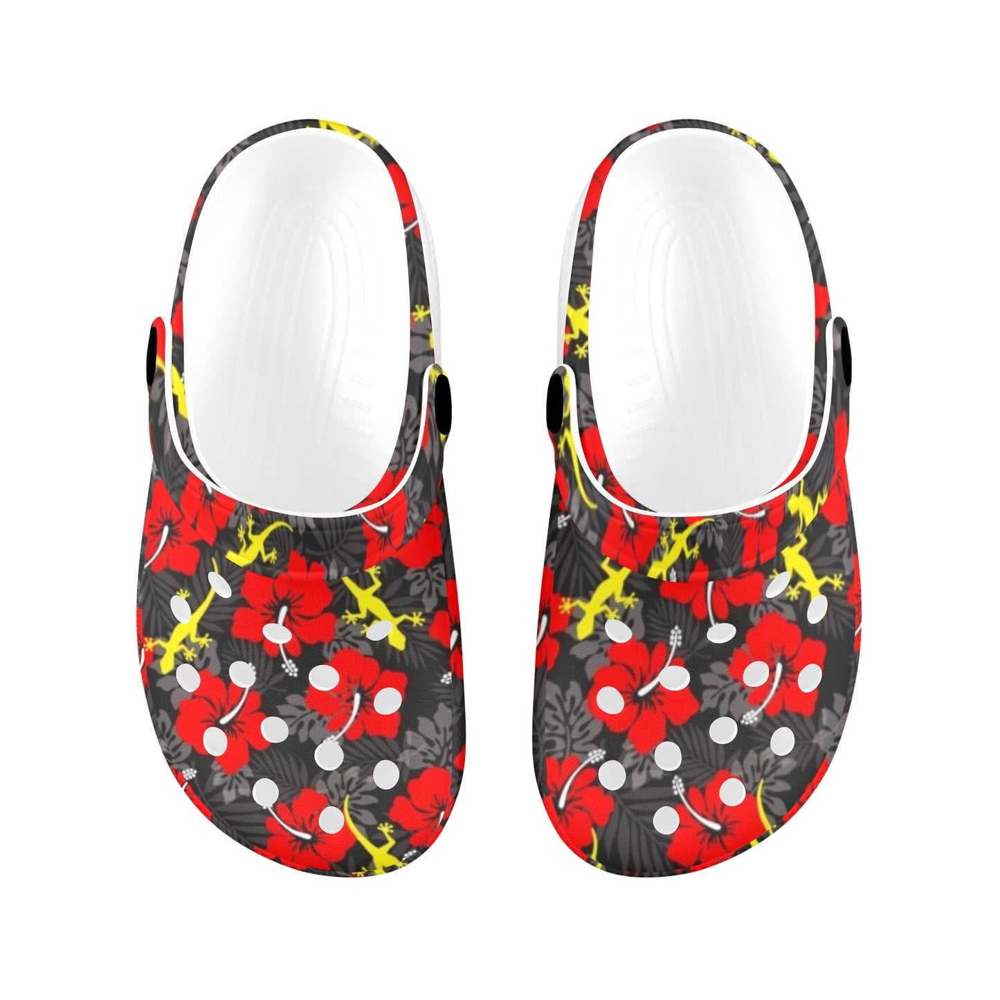 Royal Red Hibiscus flowers with Gecko on Kids Clogs