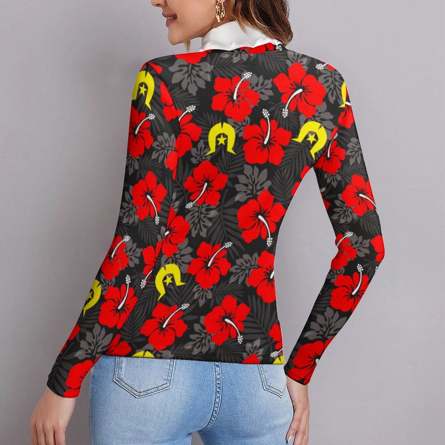 Royal Red Hibiscus with Yellow Dhari on Women Long Sleeve Turtleneck Sweater