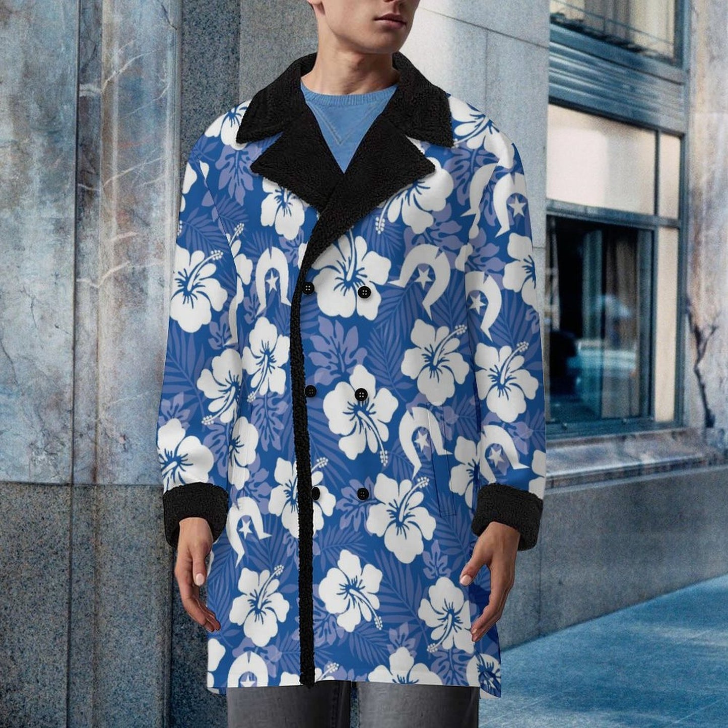 White Hibiscus and Dhari (Blue) on Men's Double Breasted Coat