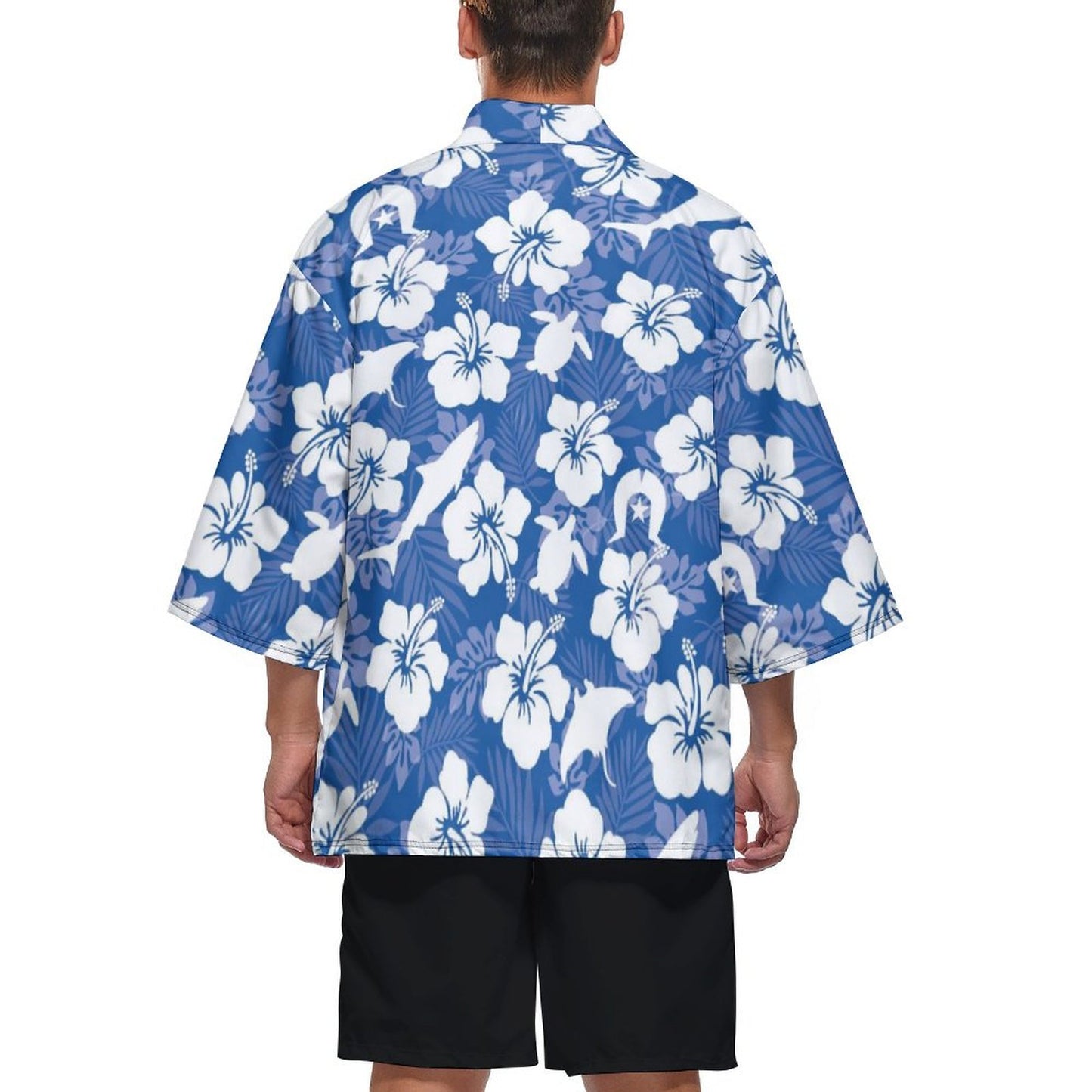 White hibiscus flowers with Dhari, Shark, turtle, and stingray on Drop Shoulder Male Kimono Cardigan