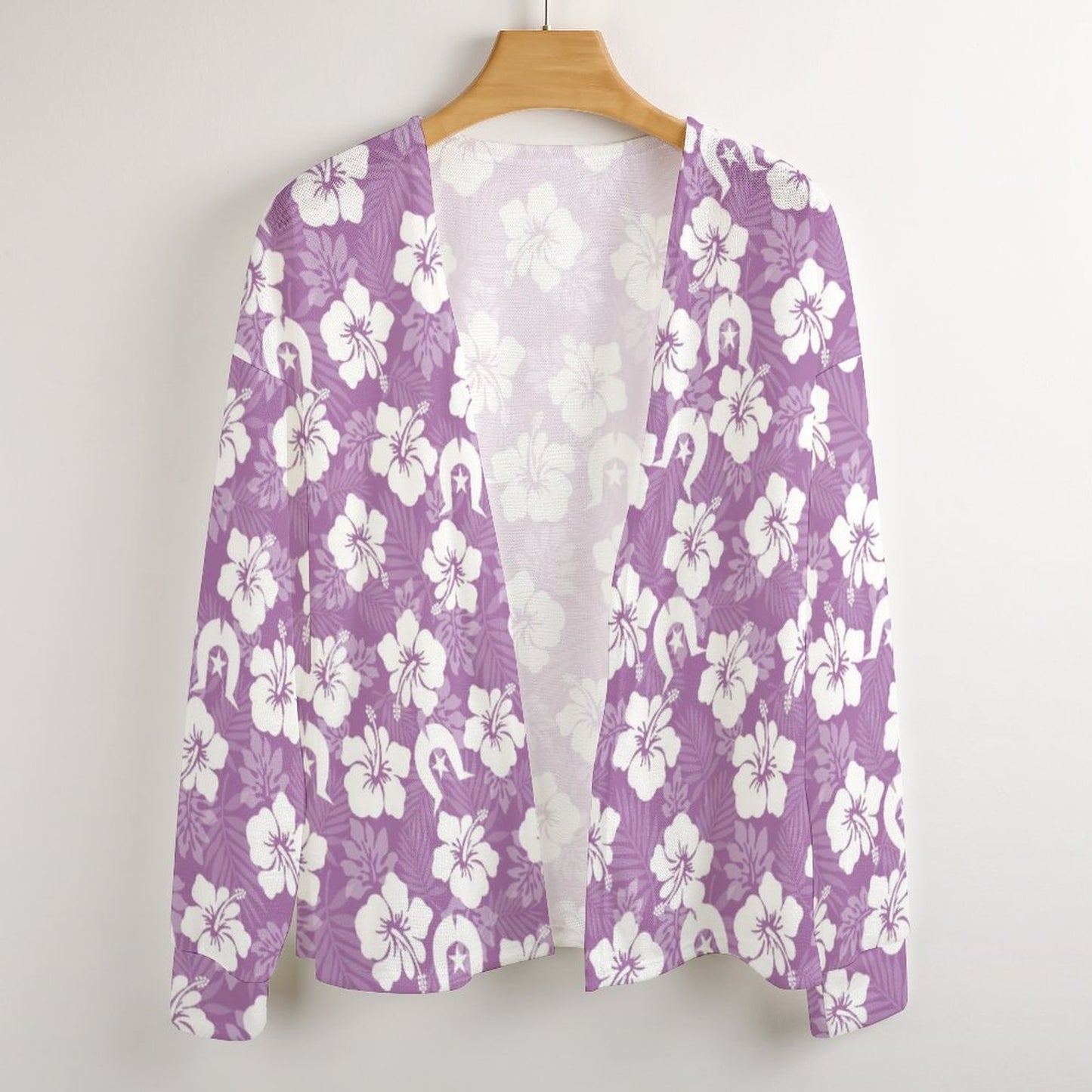 White Hibiscus and Dhari (Purple) on Long Sleeve Drop Shoulder Open Shirt