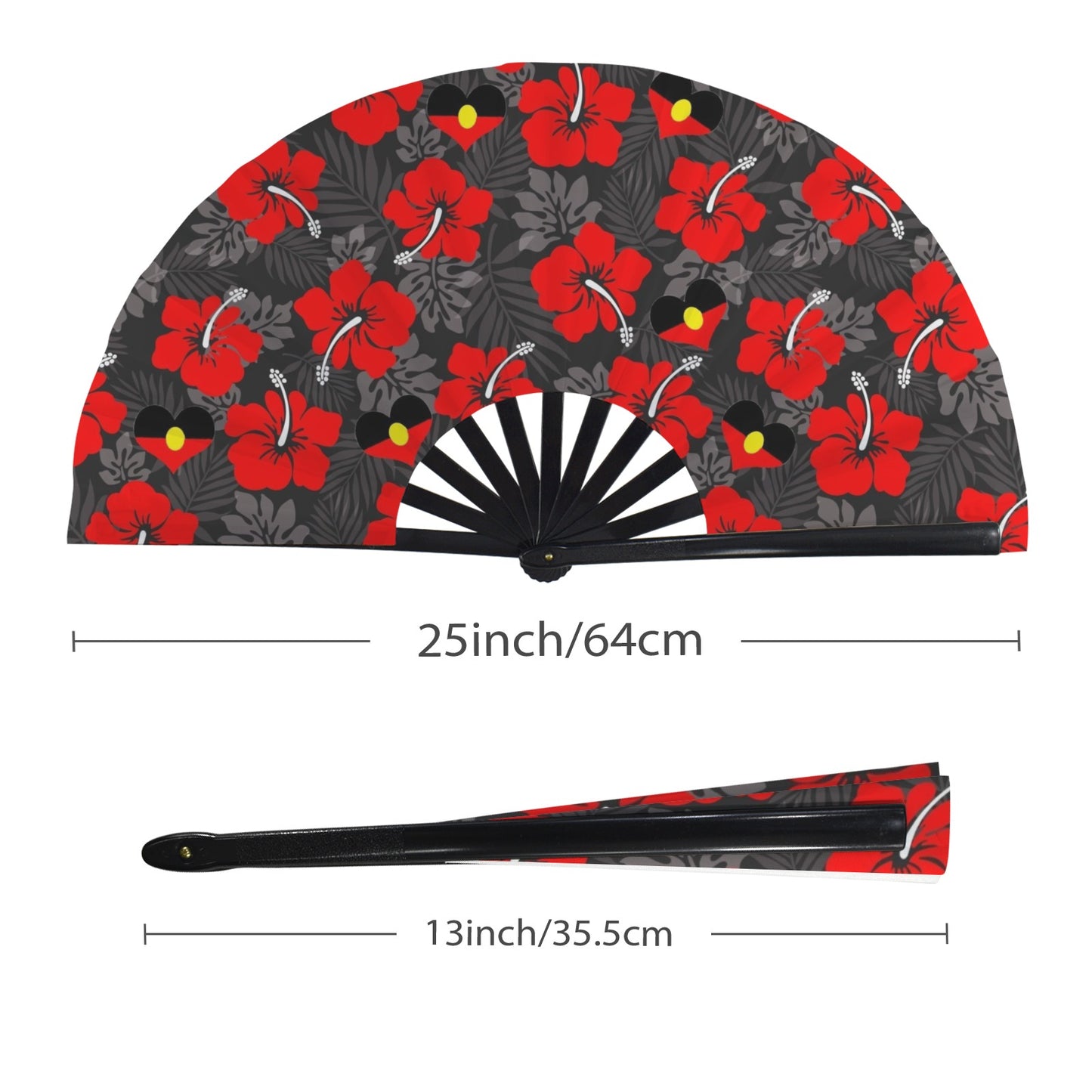 Royal Red Hibiscus and heart shaped Aboriginal flag on Folding Clack Fan