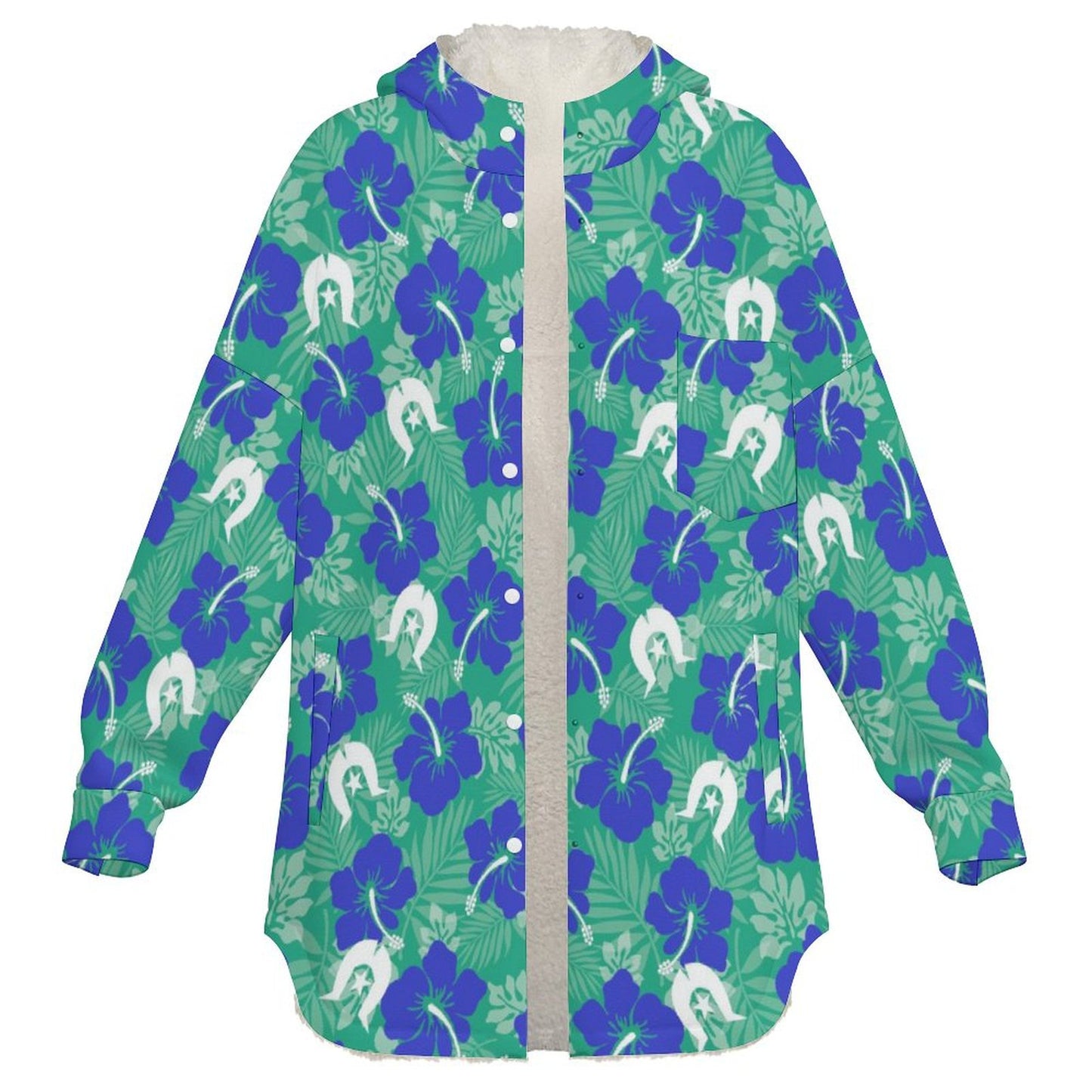 Blue Hibiscus flowers with Dhari on Women's Full Snap Fleece Jacket