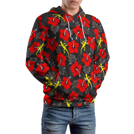 Royal Red Hibiscus flowers with Gecko on Men's Cool Hoodie with Double-layer Cap