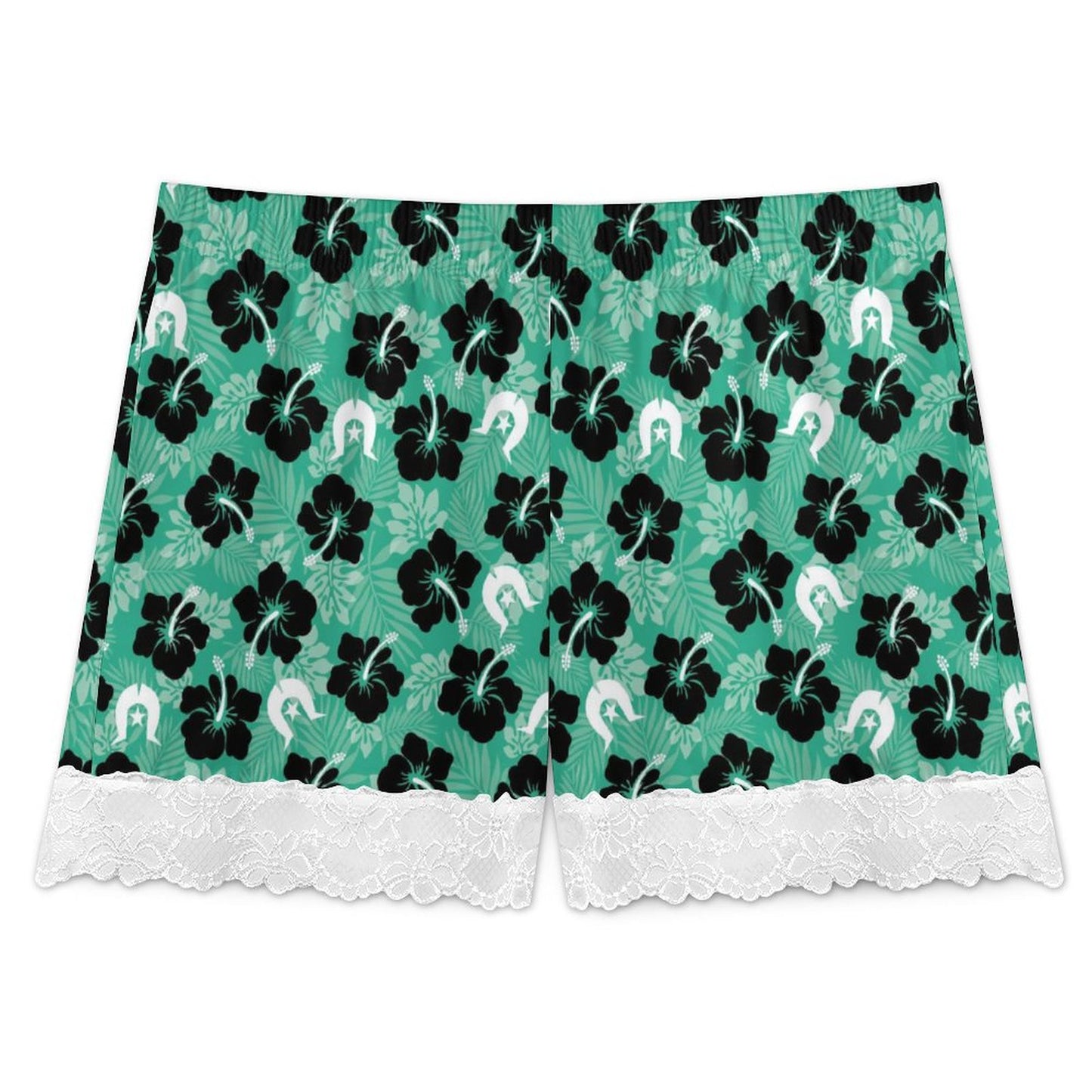 Black Hibiscus with White Dhari on 200gsm Women's Lace Trim Pajama Shorts