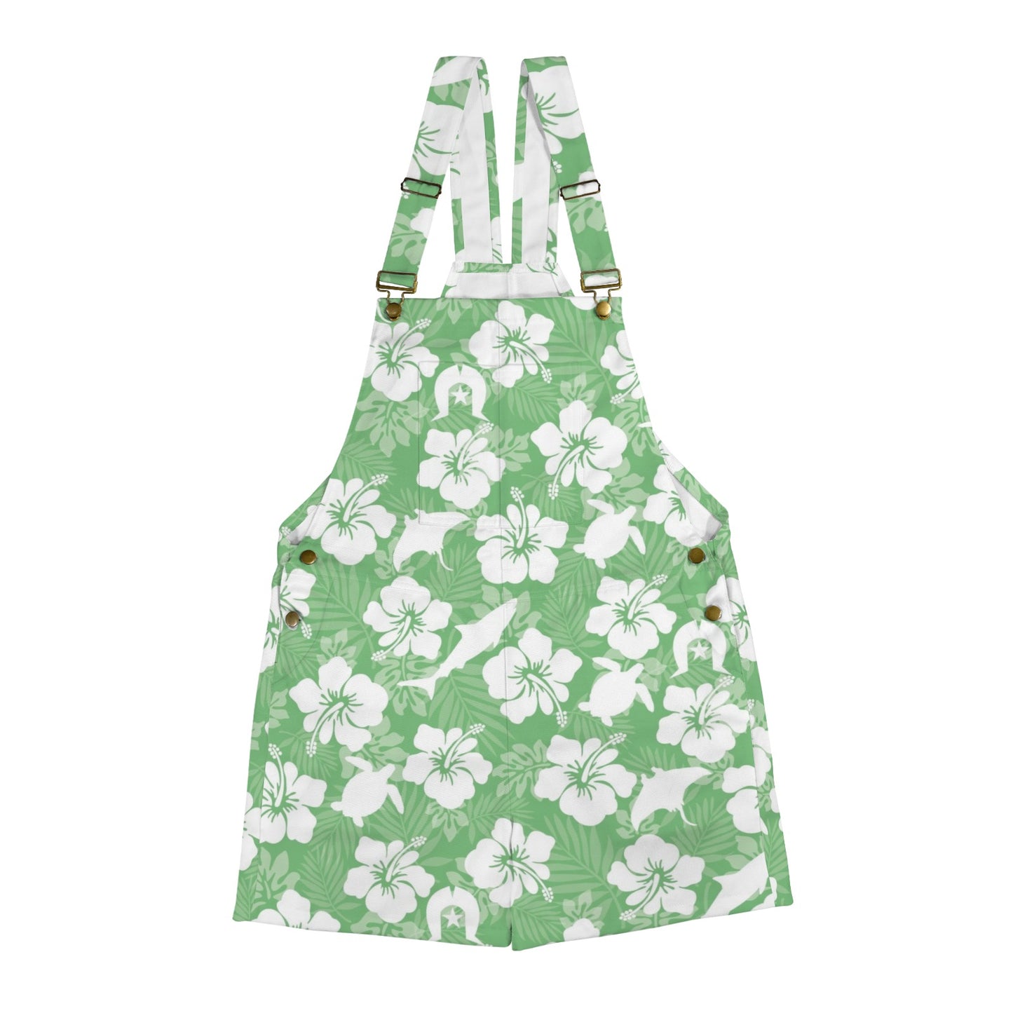 White hibiscus flowers with Dhari, Shark, turtle, and stingray (Green) on Unisex Suspender Jumpsuit