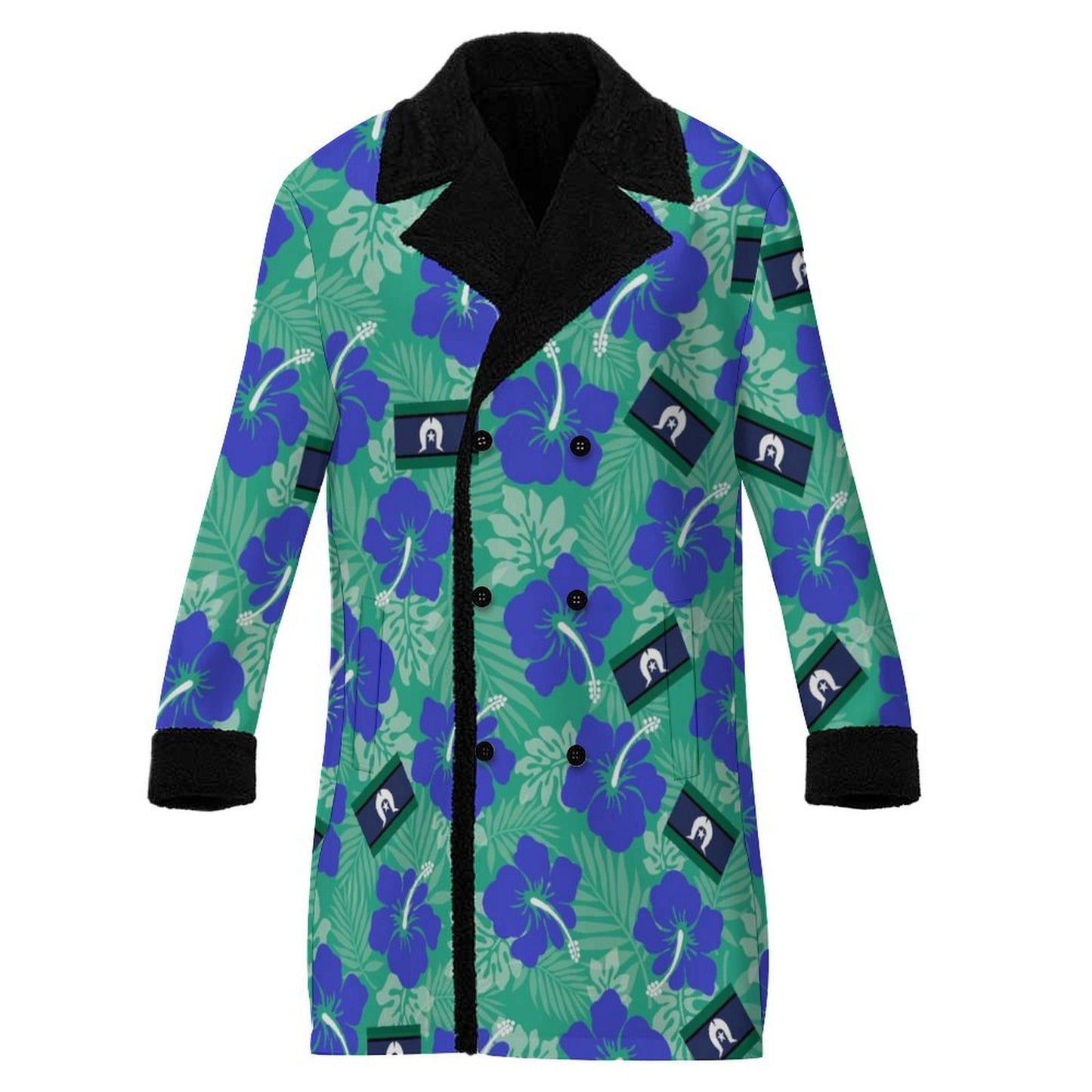 Hibiscus flowers with Torres Strait Flag on Men's Double Breasted Coat