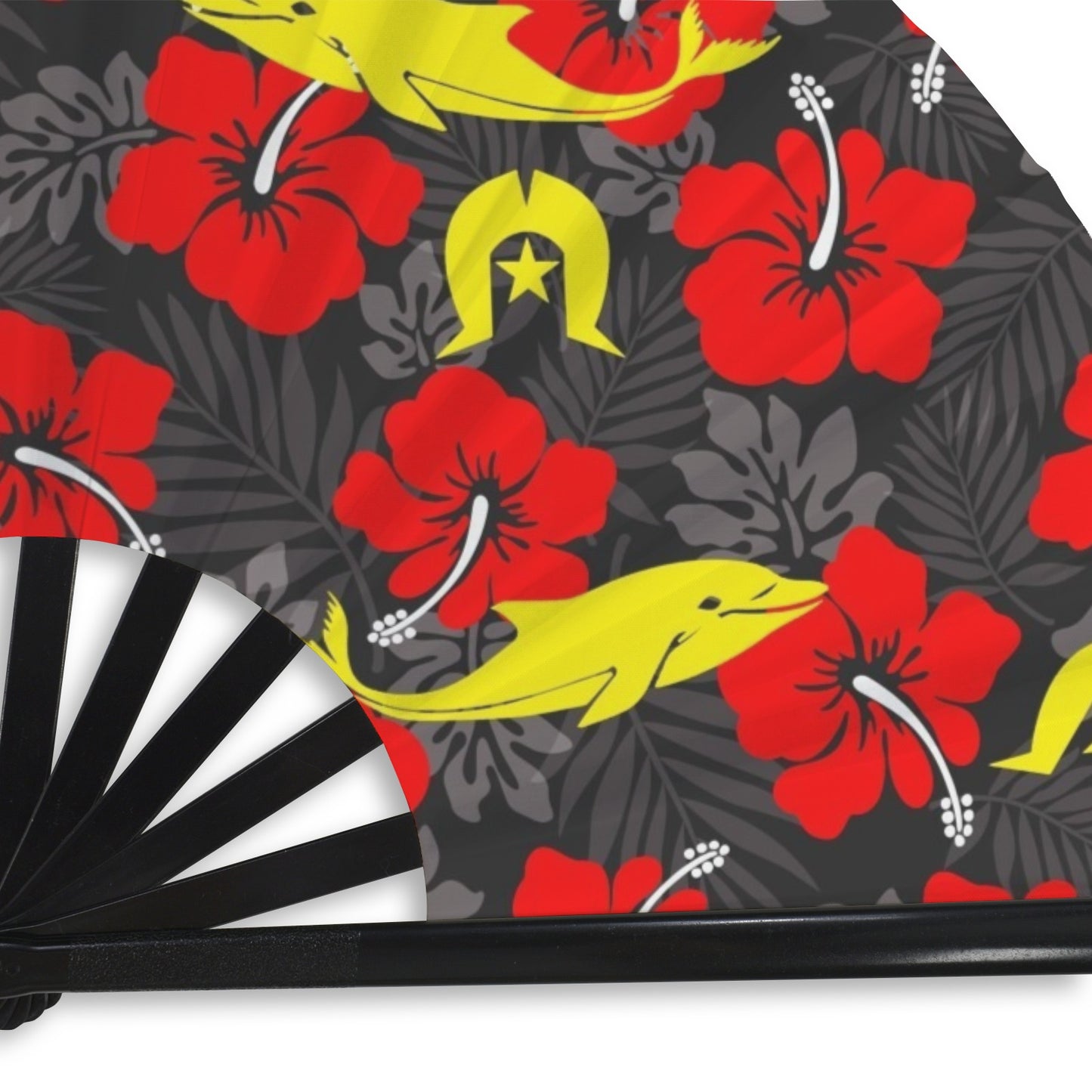 Royal Red Hibiscus with Yellow Dhari, Whale and Dolphin on  Folding Clack Fan