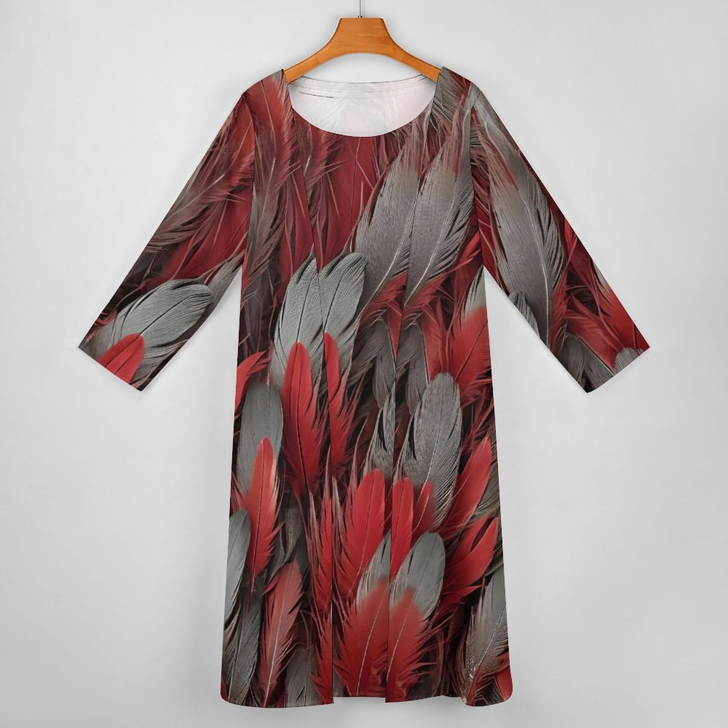 Red and Grey Feather on Long Dress Set