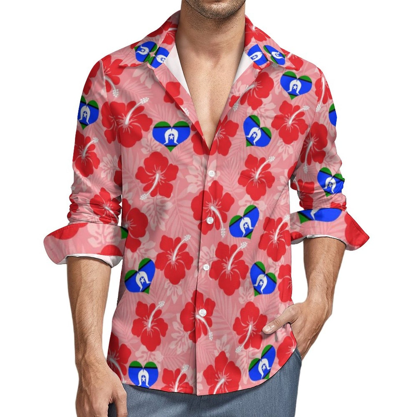 Hibiscus flowers with TSI Heart Flag (Royal pink) on Men's Long Sleeve Shirt
