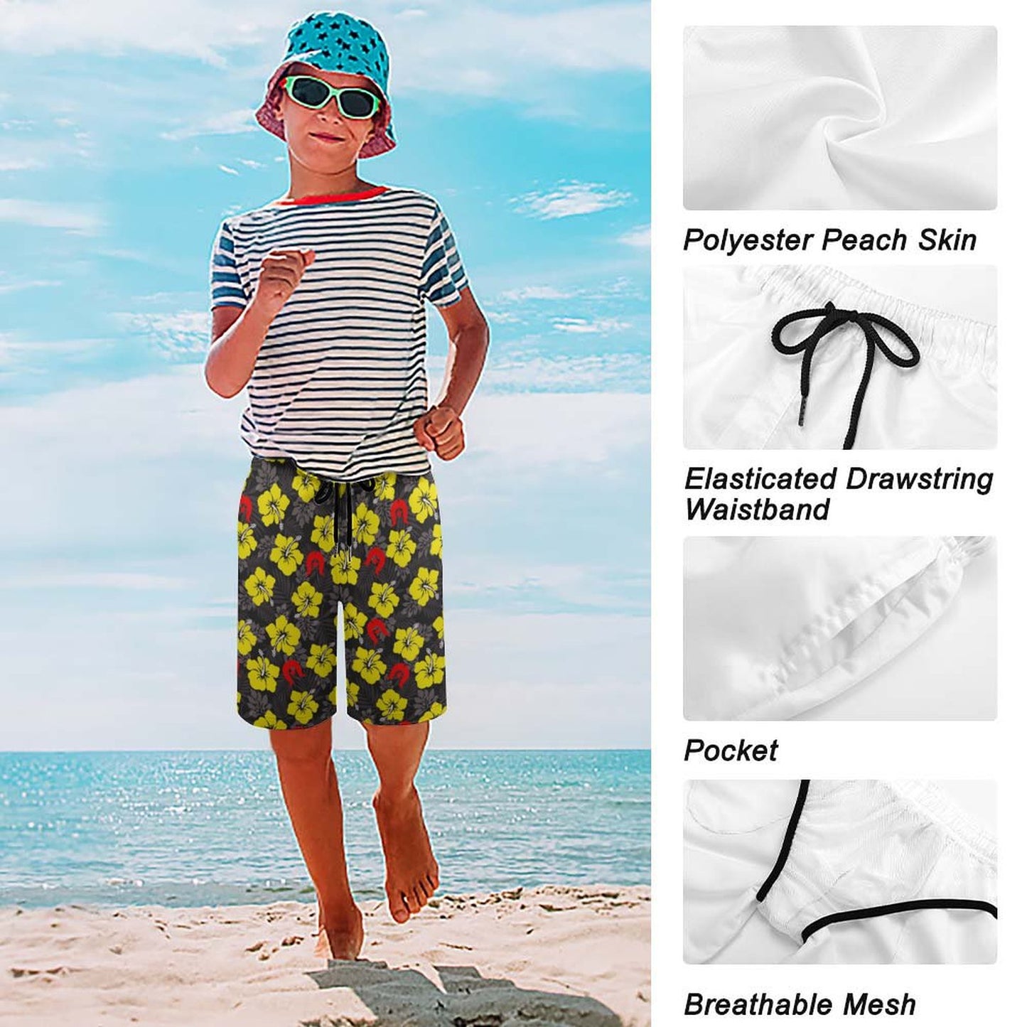 Royal yellow Hibiscus with Red Dhari on Kid's Beach Pants