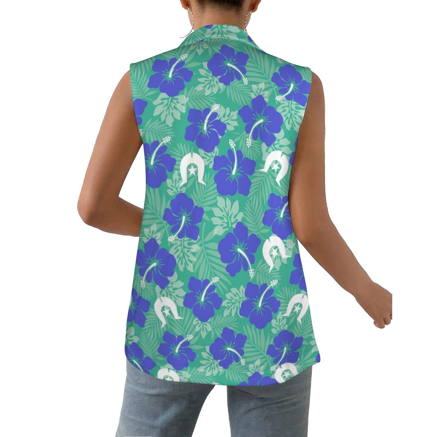 Royal Blue Hibiscus flowers with Dhari on vest Women Sleeveless Suit Vest