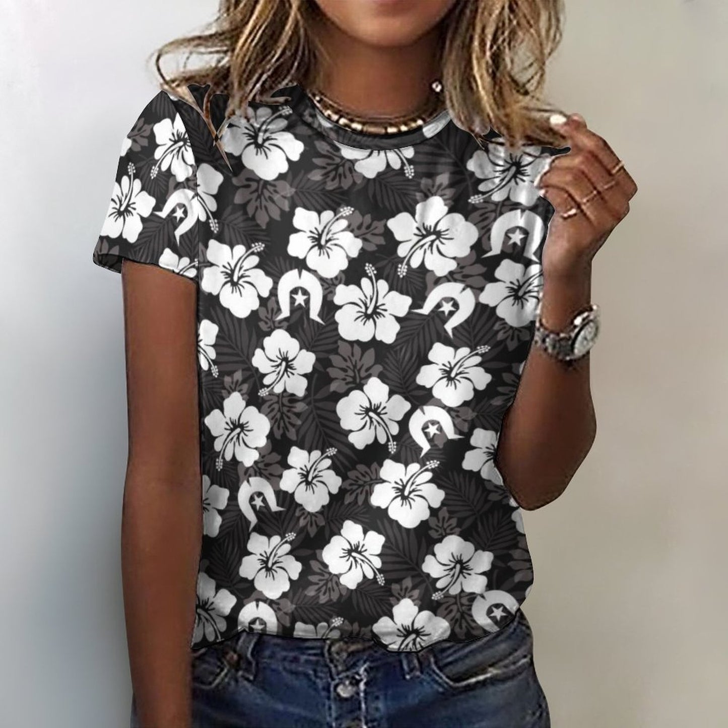 White Hibiscus and Dhari (Black) on Cotton Summer Short Sleeve T-Shirts for Women