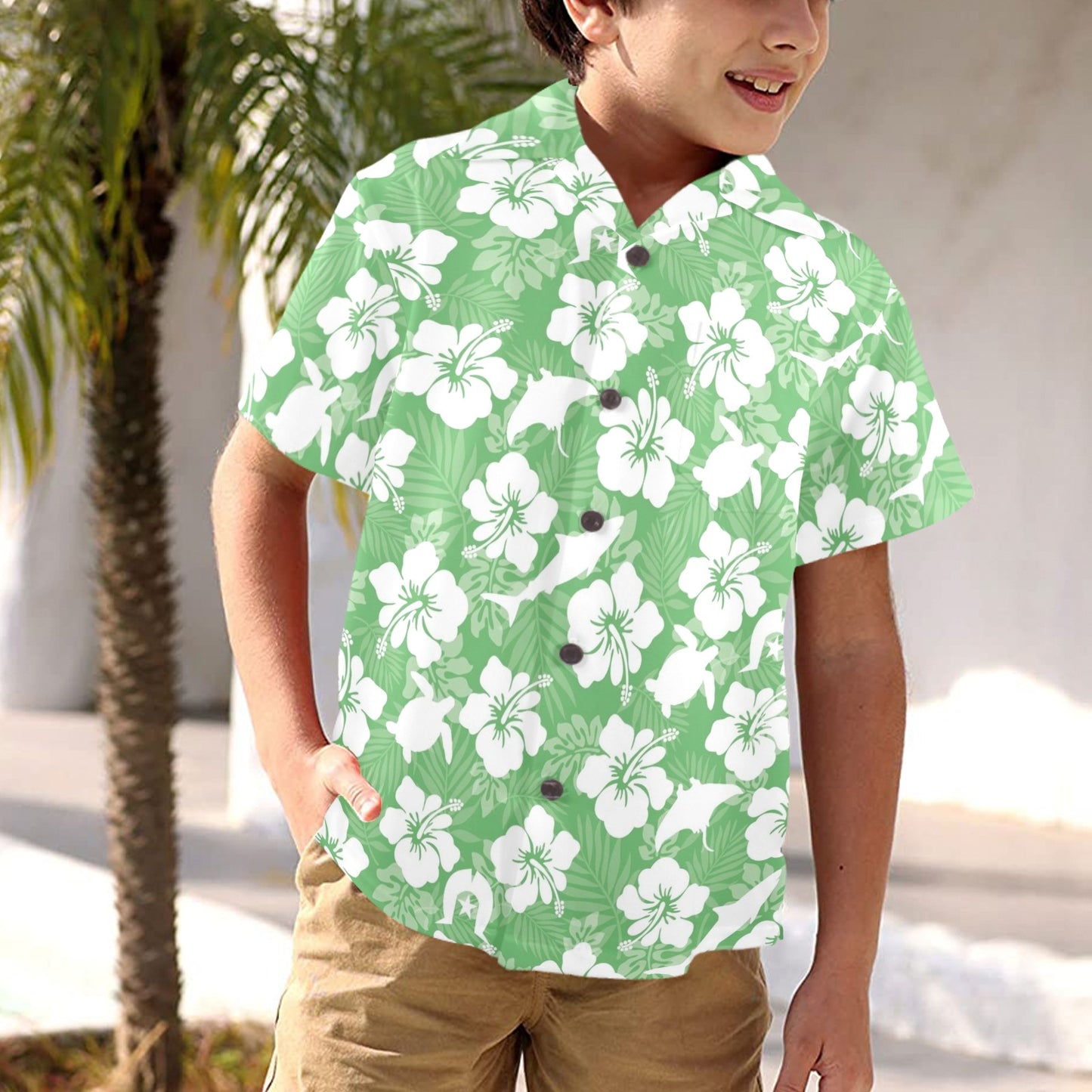 White hibiscus flowers with Dhari, Shark, turtle, and stingray (Green) on Little Boys' Hawaiian Shirt