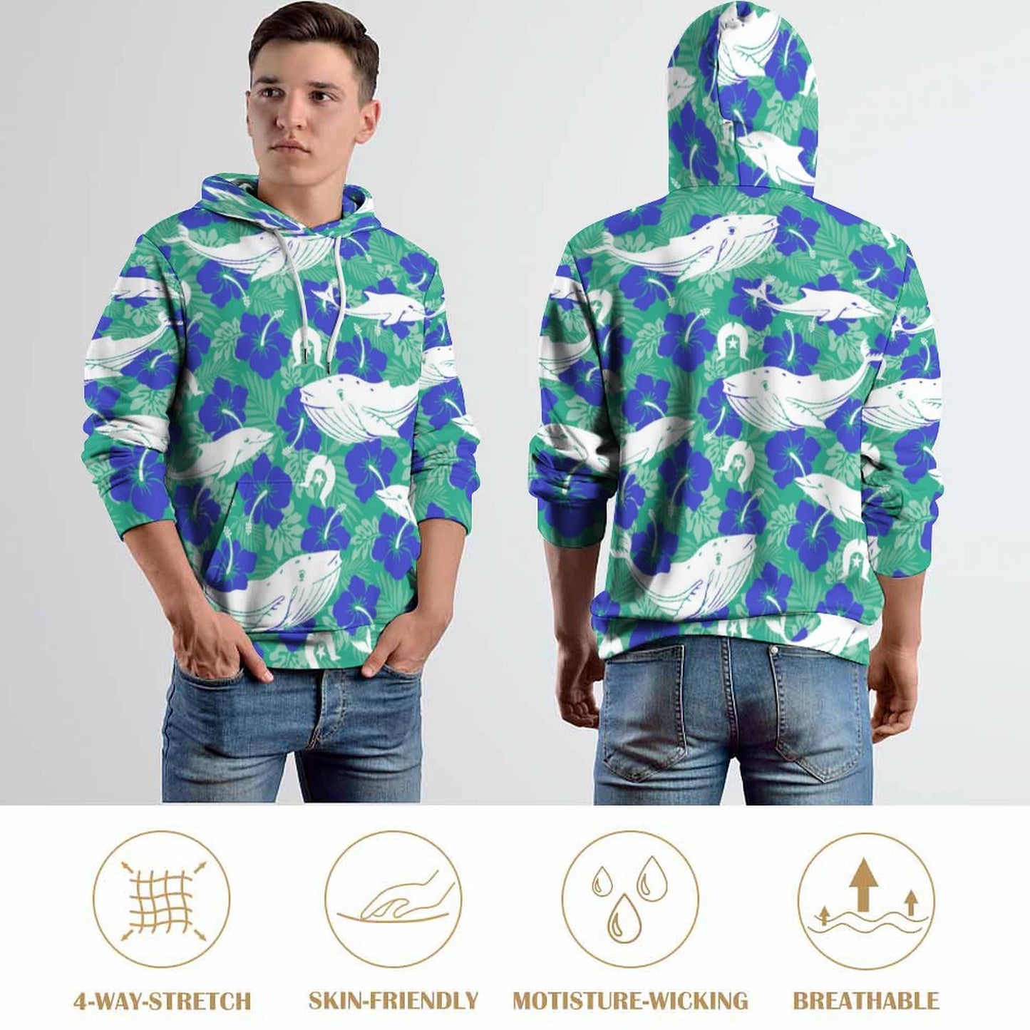 Royal Blue Hibiscus flowers with Whale, Dolphin and Dhari on Men's Cool Hoodie with Double-layer Cap