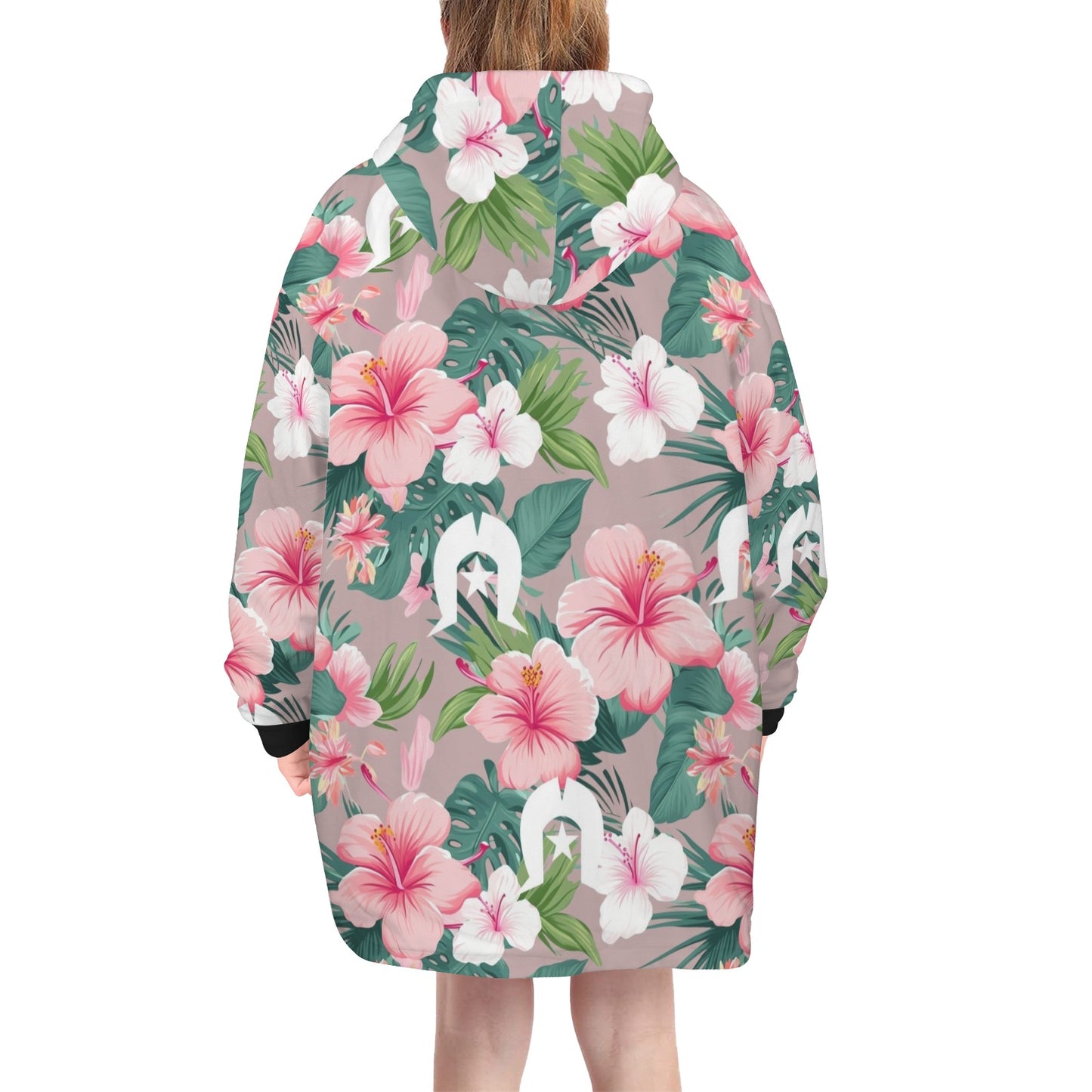 Pink Hibiscus flowers with White Dhari on Blanket Hoodie for Big Kids