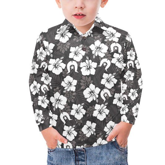 White Hibiscus and Dhari (Black) on Little Boys' Long Sleeve Polo Shirt