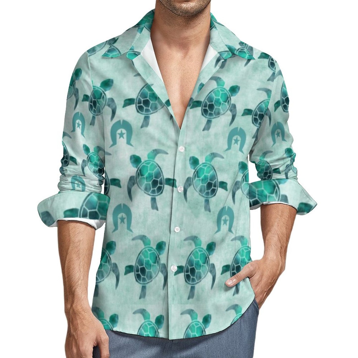 Aqua Turtle Pattern on Men's Long Sleeve Shirt