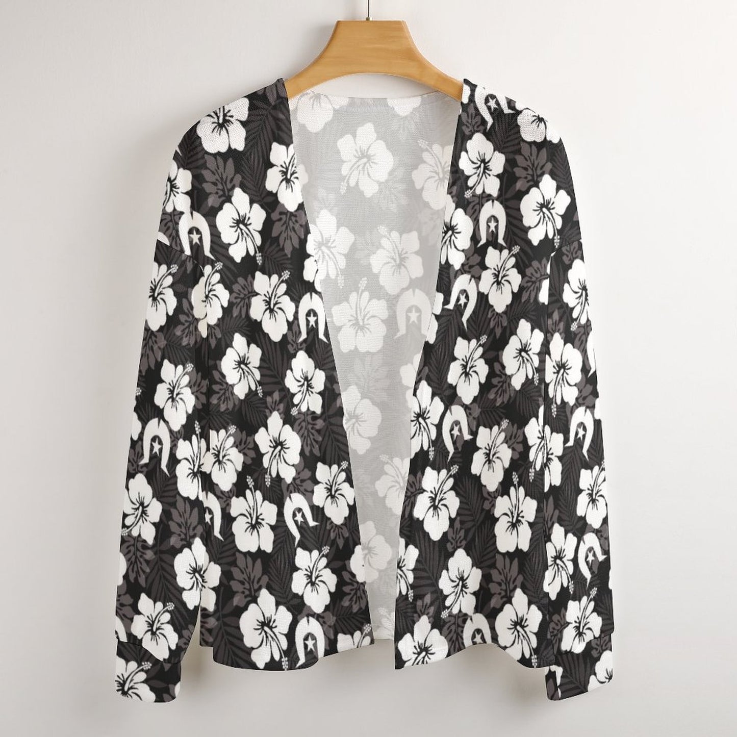 White Hibiscus and Dhari (Black) on Long Sleeve Drop Shoulder Open Shirt