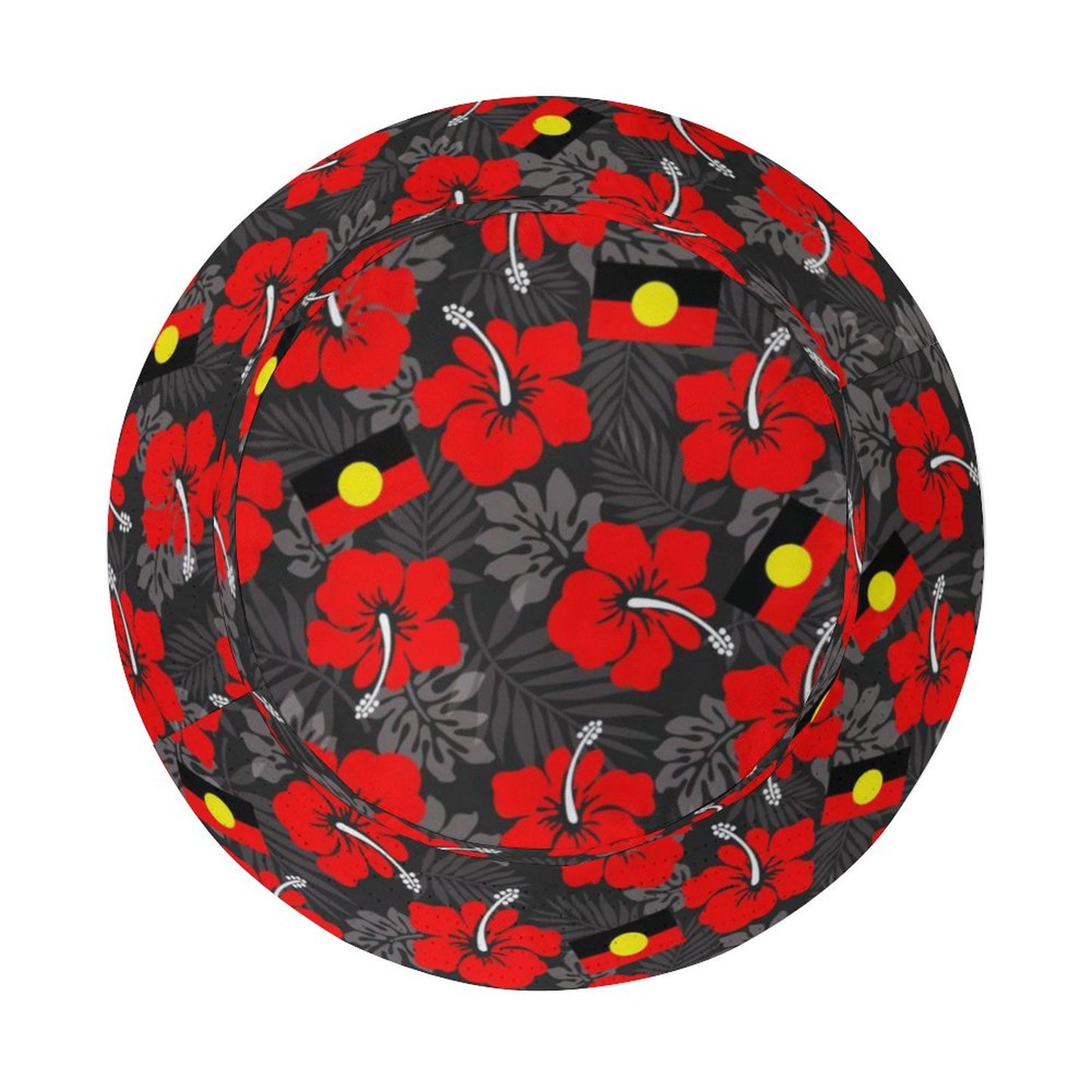 Hibiscus flowers with Aboriginal Flag on Bucket Hat