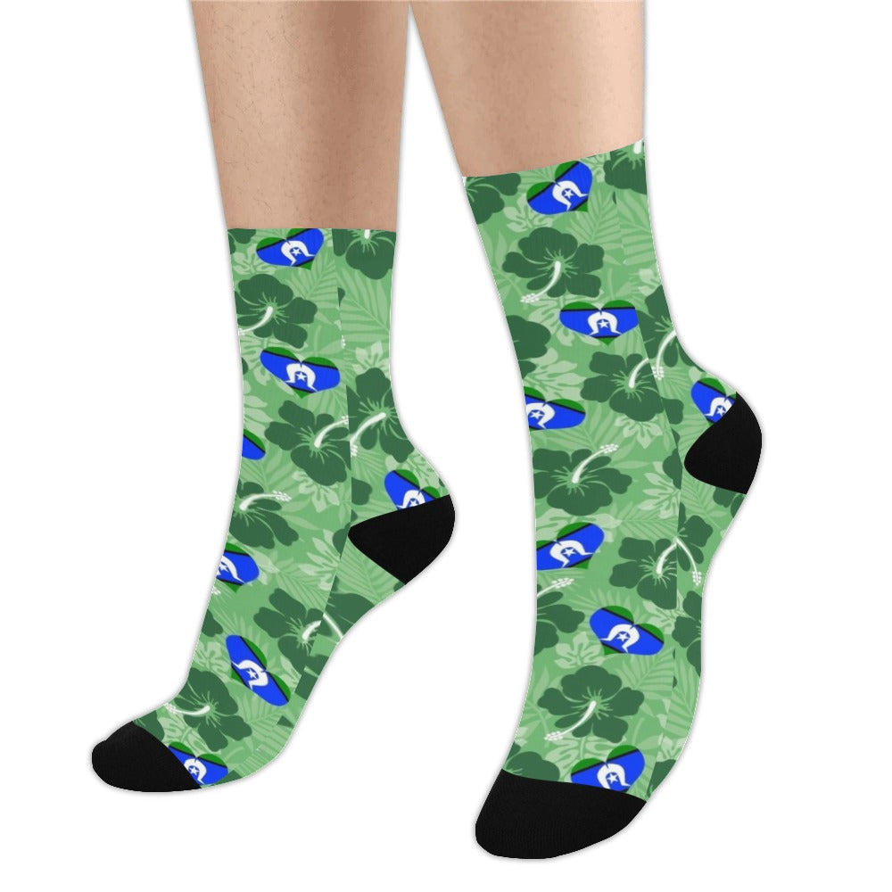 Hibiscus flowers with Torres Strait Heart Flag on (Sea Grass Green) on Crew Socks (Made In AUS)