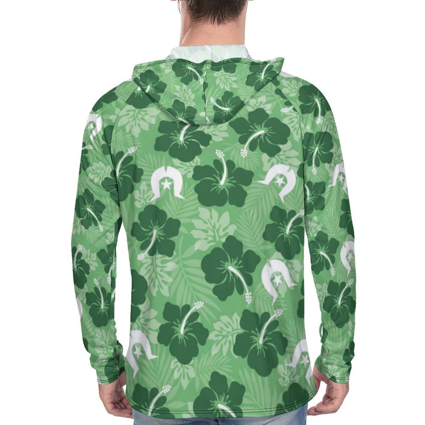 Hibiscus flowers with Dhari (Sea Grass Green) on Men's UPF 40+ Sun Protection Fishing Shirt