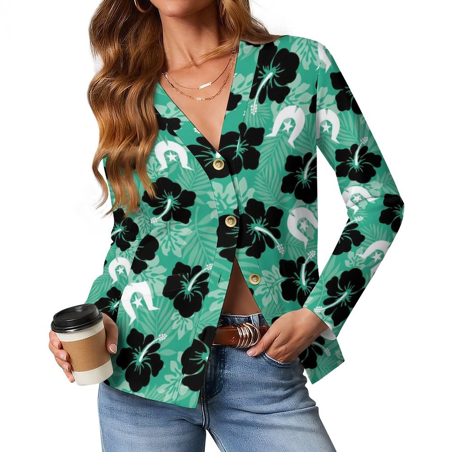 Black Hibiscus with White Dhari on 170gsm Women's Lightweight Cardigan