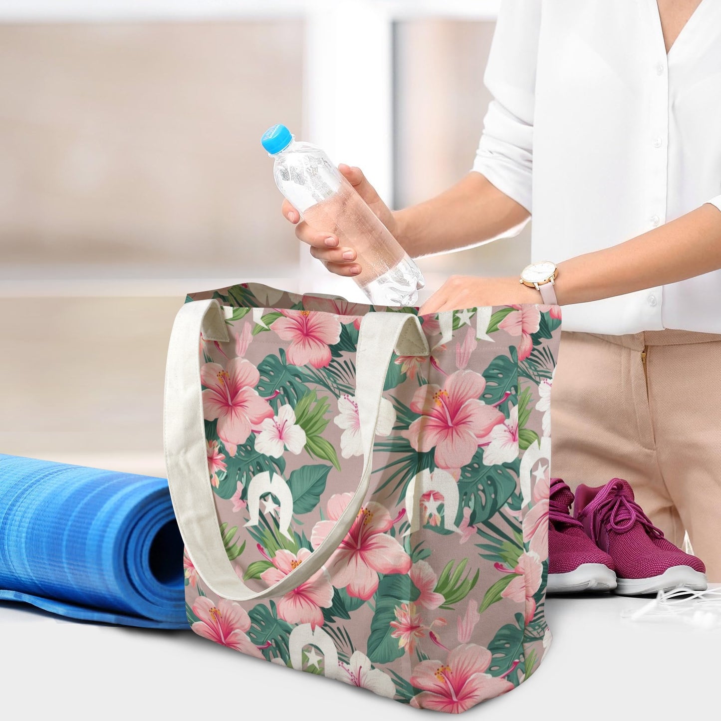 Pink Hibiscus flowers with White Dhari on Yoga Mat Bag