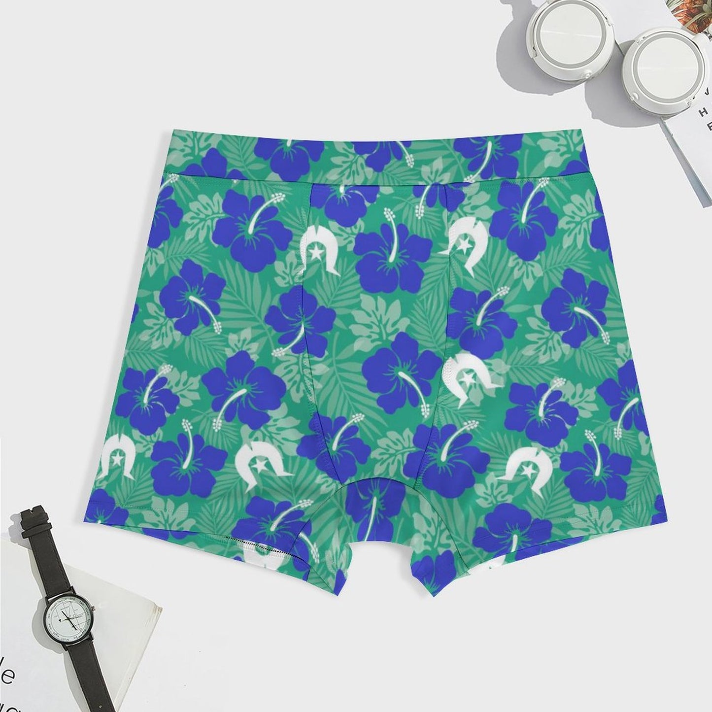 Royal Blue Hibiscus flowers with Dhari on Milk Fiber Boxer Shorts for Men