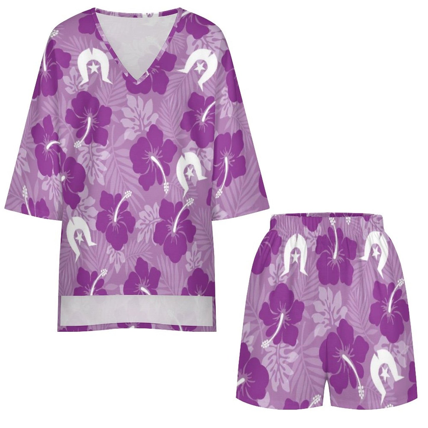 Hibiscus flowers with Dhari (Royal purple) on Mediterranean Style V-Neck Suit