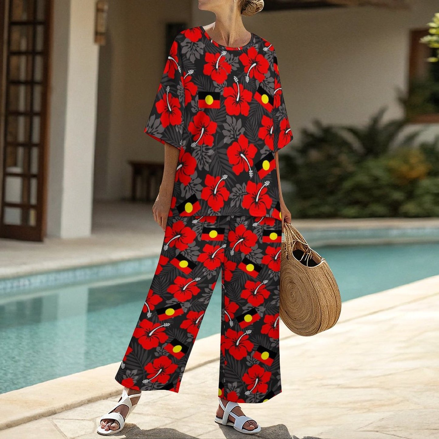 Hibiscus flowers with Aboriginal Flag on Women's Mediterranean Style Set