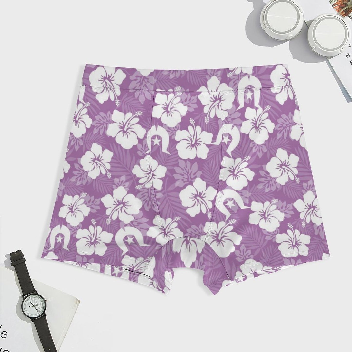 White Hibiscus and Dhari (Purple) on Milk Fiber Boxer Shorts for Men