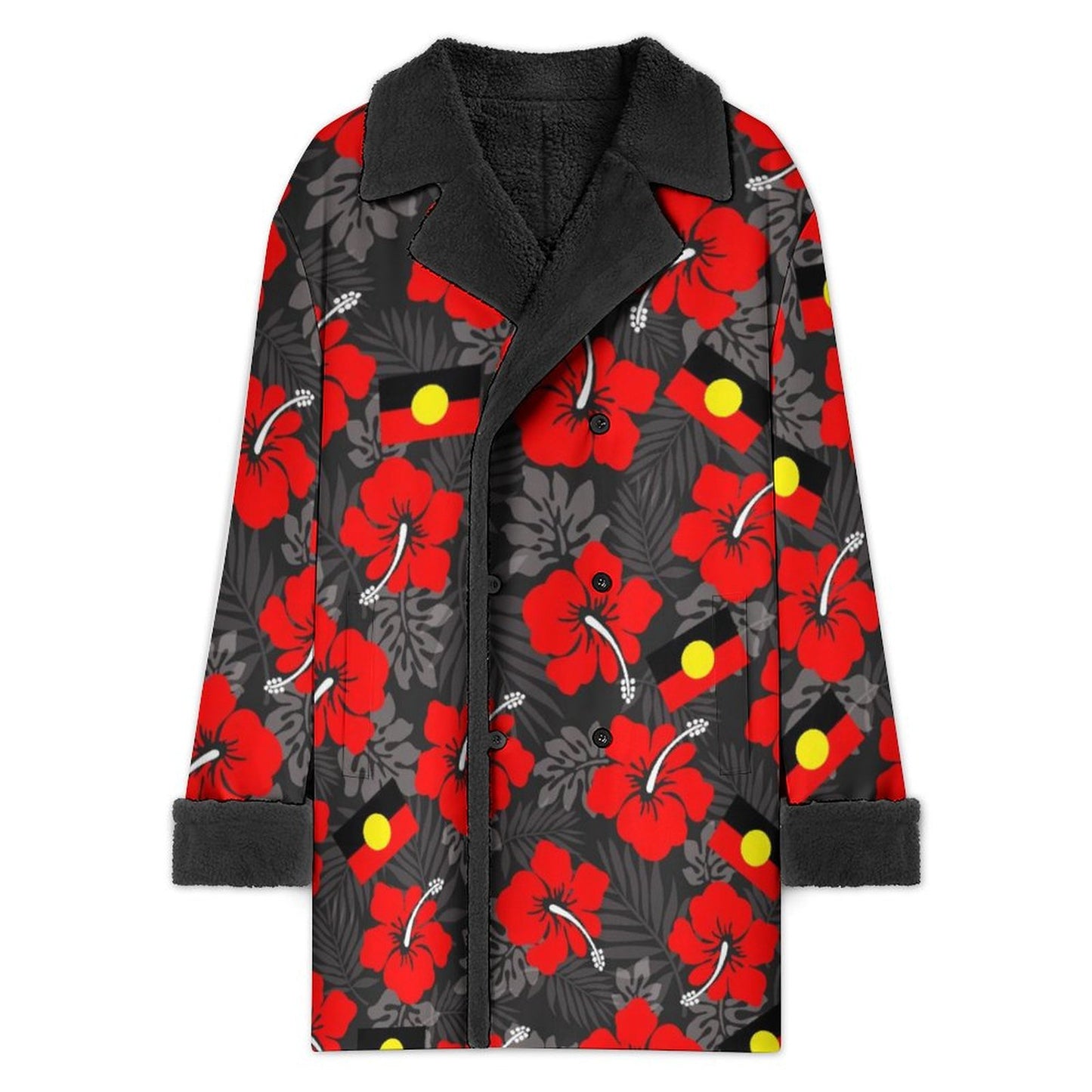 Royal Red Hibiscus and Aboriginal flag on Men's Double Breasted Coat