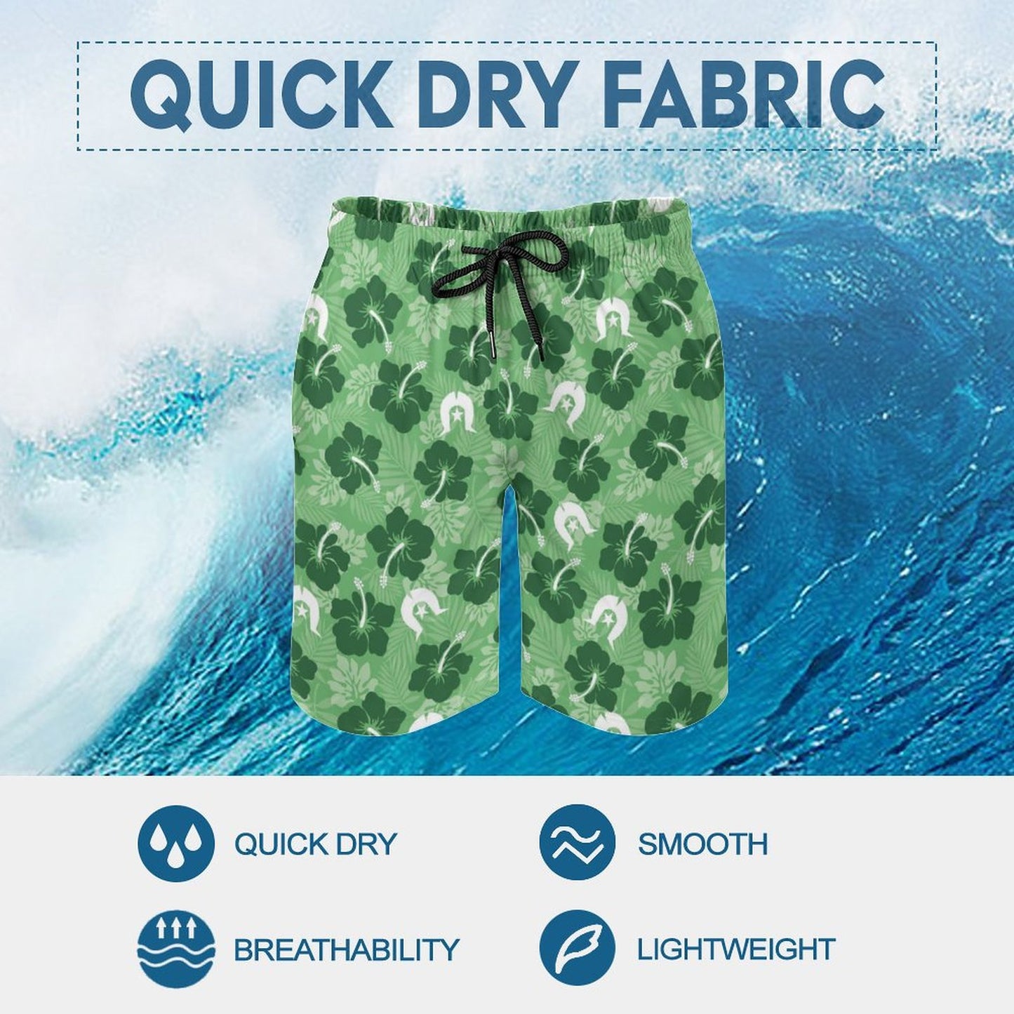 Hibiscus flowers with Dhari (Sea Grass Green) on Men's Board Shorts