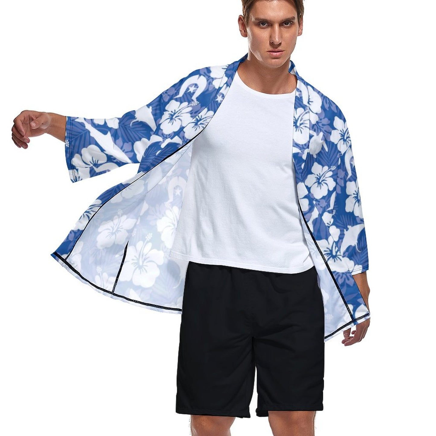 White hibiscus flowers with Dhari, Shark, turtle, and stingray on Drop Shoulder Male Kimono Cardigan