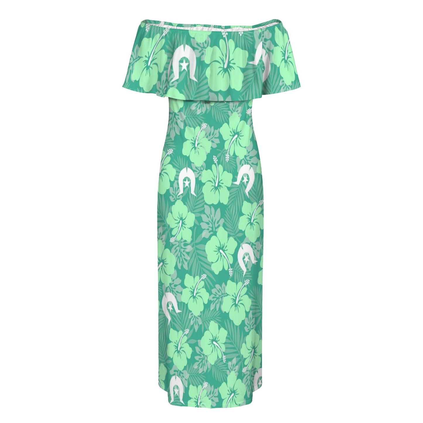 Hibiscus flowers with Dhari (Royal mint) on Women's Off Shoulder Ruffle Boat Neck Dress